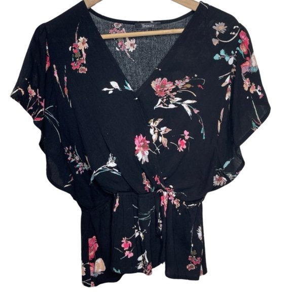 Trinity Tops - TRINITY | Short Sleeve Wrap Style Peplum Black Floral Top | Size S